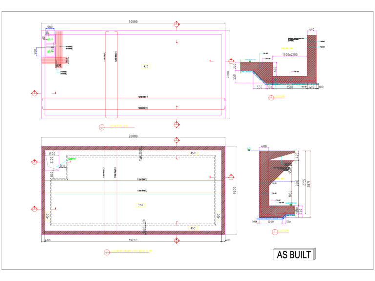 Structural CAD drawing showing plans and sections of a reinforced concrete raw water tank with bar schedules.