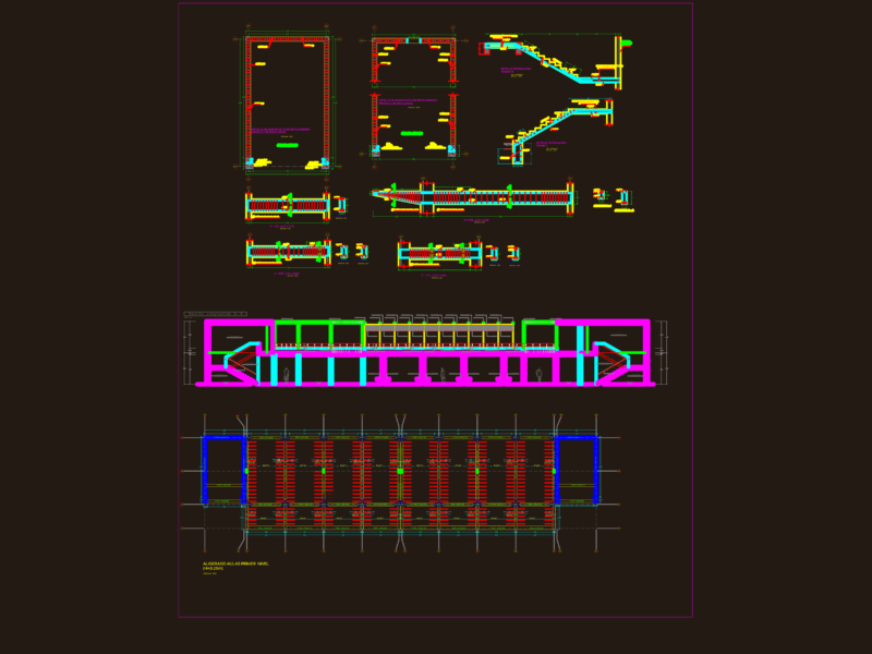 Reinforced concrete staircase structural details with elevation and sections