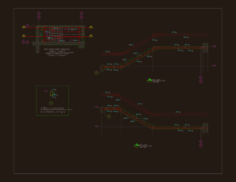 Structural drawing of staircase rebar reinforcement plan and section with metric dimensions.