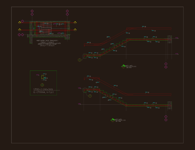 Reinforced Concrete Staircase Structural Reinforcement Plan and Section Details