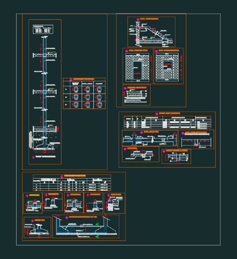 Technical drawing of reinforced concrete structural details including column schedules, beam sections, and footings.