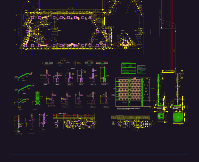 CAD technical drawing of concrete columns, beams, and footing details for a chapel construction project.