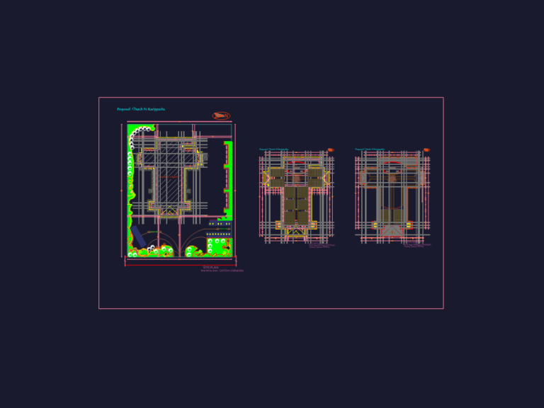 CAD drawing showing the site plan, ground floor, and first floor layout of a large church building.