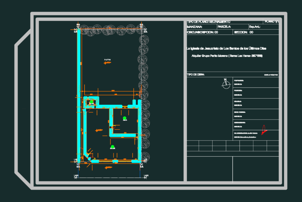 Architectural floor plan survey of a religious chapel showing hall, classroom, and patio areas with dimensions.