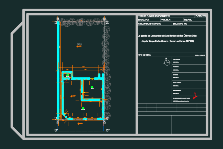 Architectural floor plan survey of a religious chapel showing hall, classroom, and patio areas with dimensions.