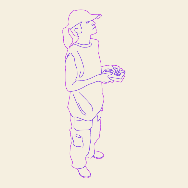 Elevation of a worker in a cap and cargo pants using a handheld remote control with a joystick.