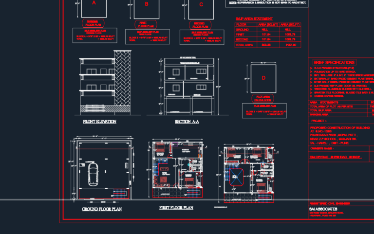 Architectural floor plan, elevation, and section for a three-story residential building in Pune.