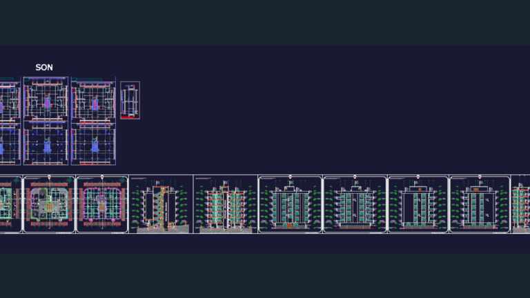 CAD floor plans and building elevations for a five-story residential apartment block.