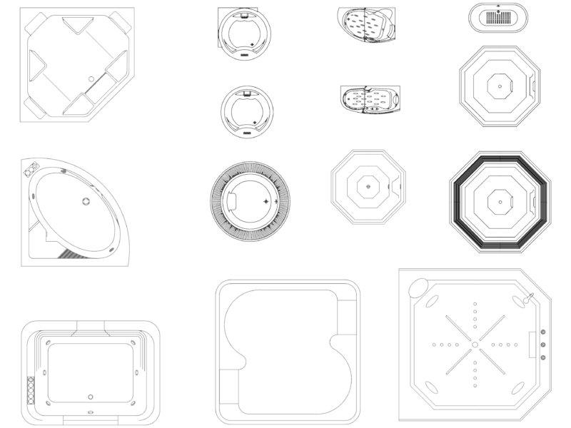 Residential hot tub and whirlpool bath floor plan collection