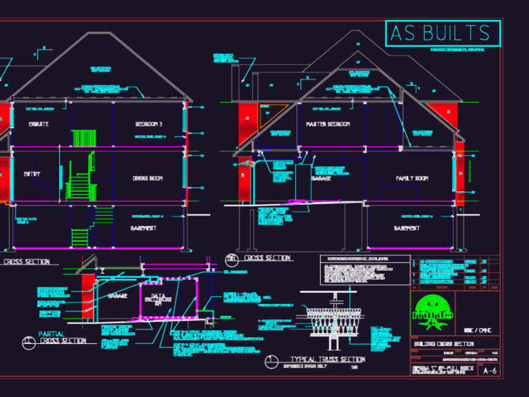 Detailed architectural cross sections of a two-story house with a technical roof truss section detail.