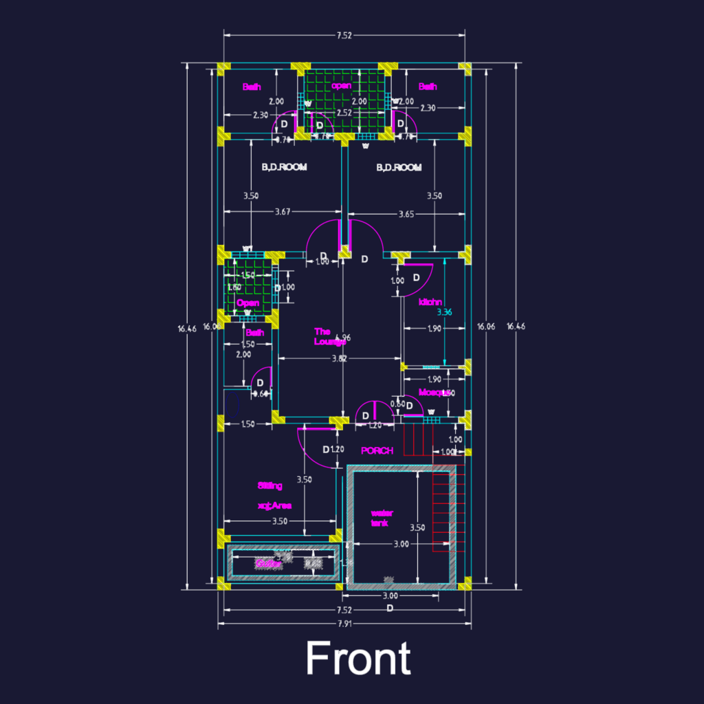 Architectural floor plan of a small house featuring two bedrooms, a kitchen, a lounge, and a dedicated mosque room.