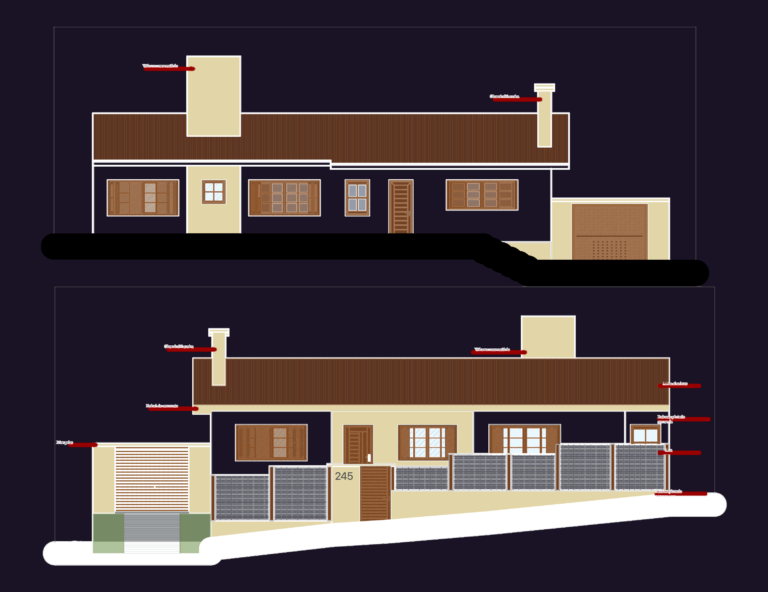 Architectural floor plan and elevations of a house including septic tank and sewage system details.