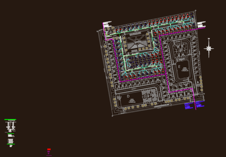 Site plan of a residential development showing the underground intercom and telephony network distribution layout.