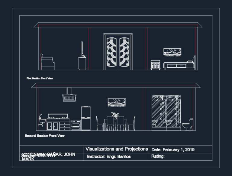 Two interior section elevations showing a living room with double doors and a kitchen with various appliances.