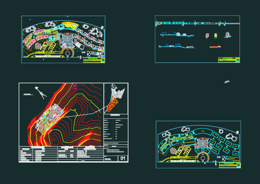 Architectural site plan and main elevation for a large resort complex.