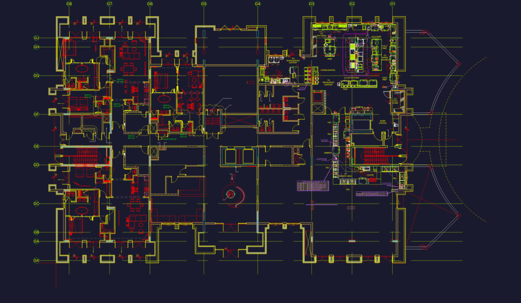 Electrical layout plan for a restaurant kitchen showing equipment schedules and symbols legend.
