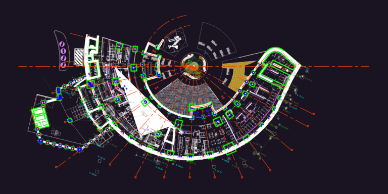 Detailed circular restaurant floor plan showing kitchen equipment and seating layout.