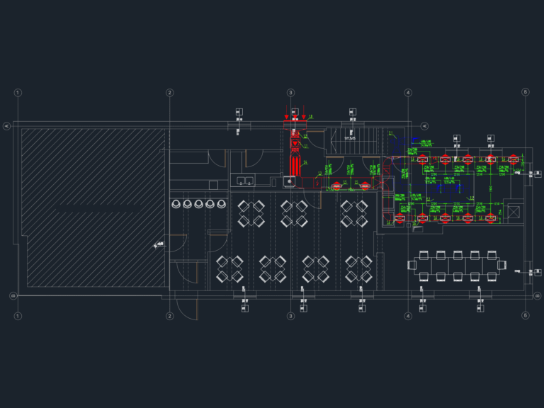 2D restaurant floor plan with colored HVAC ductwork, ventilation diffusers, and kitchen equipment layout.