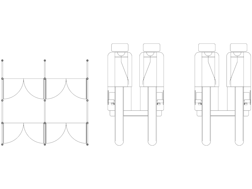 Top view CAD drawing of a double retail checkout counter with conveyor belts and swing gates.