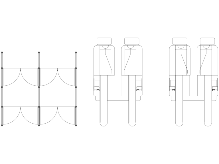 Top view CAD drawing of a double retail checkout counter with conveyor belts and swing gates.