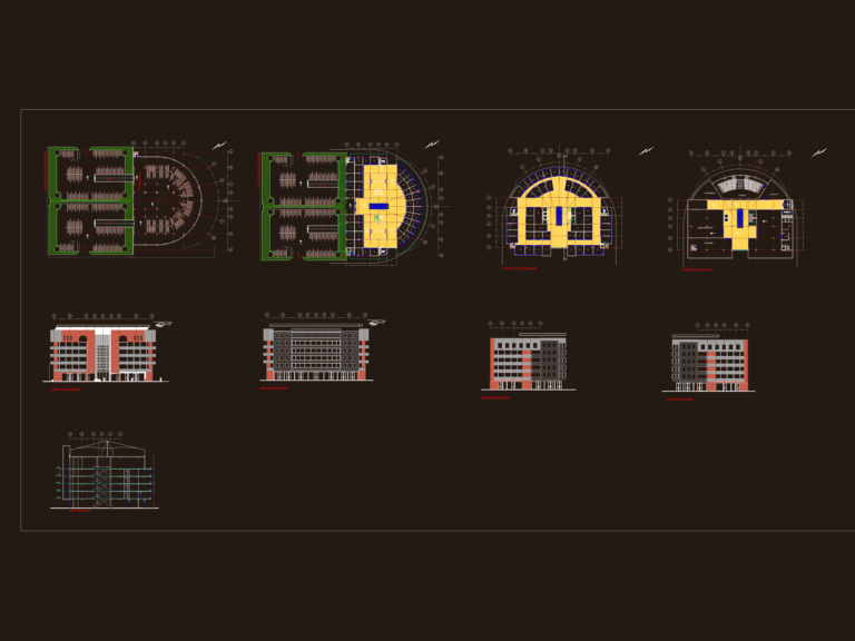 Architectural plans for a shopping mall showing basement, ground floor, typical levels, and building elevations.