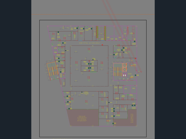 CAD layout of a commercial building with retail stores, administrative offices, and electrical/IT symbology table.