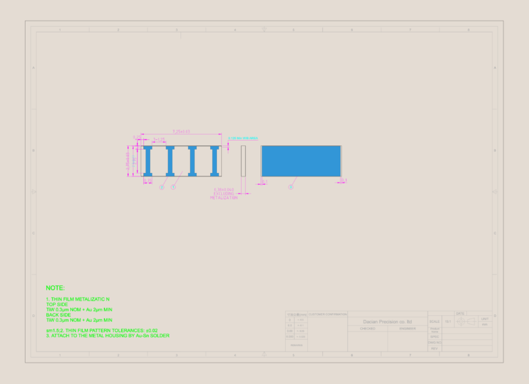 Technical drawing of a rectangular RF stripline component with blue patterned elements and dimension annotations.