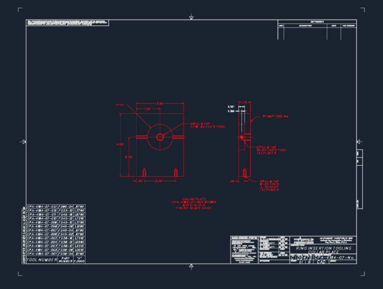 Technical elevations of an industrial collar plate with thread callouts, dimensions, and material specifications.