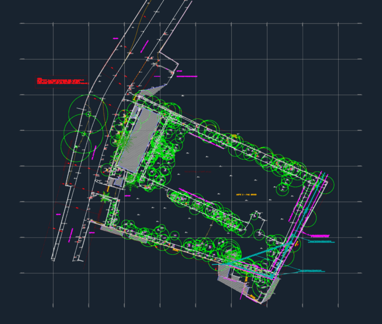 Topographic survey CAD plan of a lot in Rio de Janeiro showing trees, contour lines, and utility points.