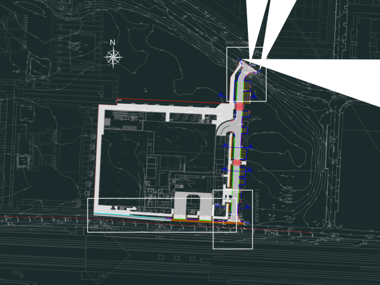 Site layout plan showing road networks, topographical contours, and engineering legends for parking and cycle tracks.