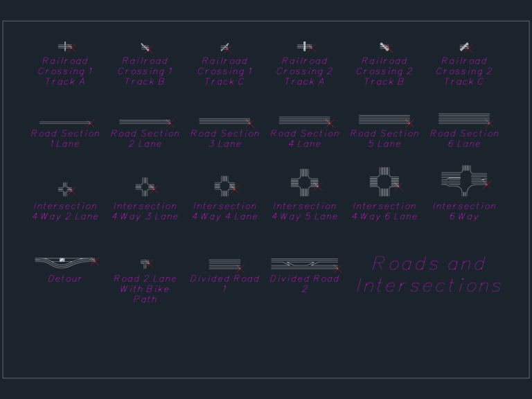 2D CAD blocks showing various road sections, intersections, railroad crossings, and divided road layouts.