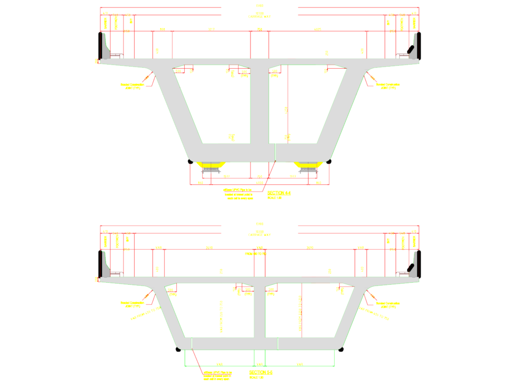Two detailed cross-sections of a concrete box girder bridge deck showing carriage way, footpath, and drainage.