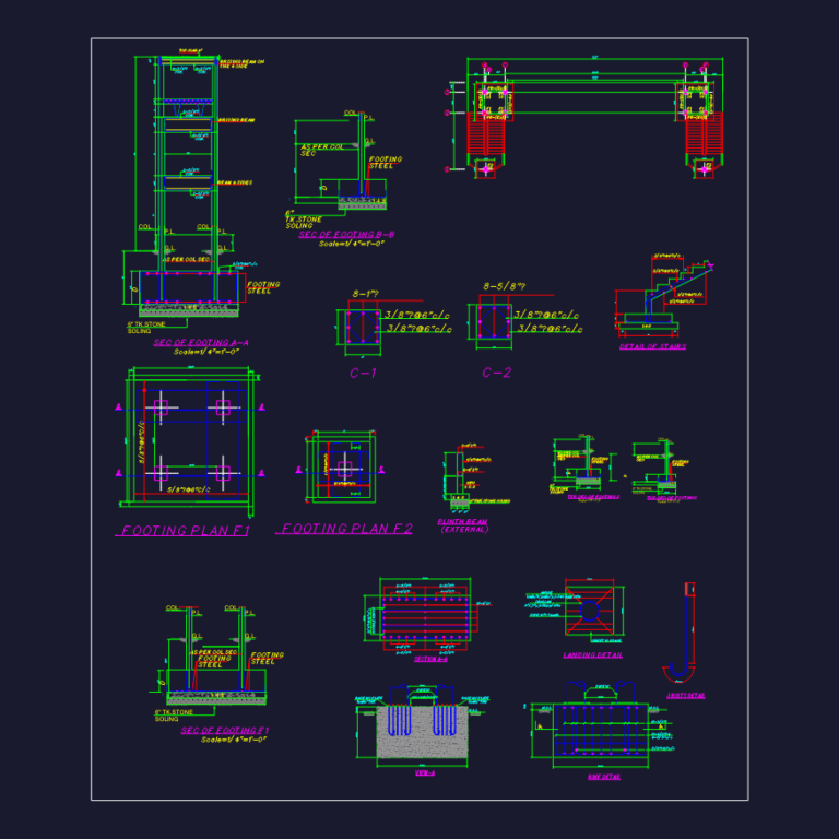 Structural CAD drawing of pedestrian bridge footings, column sections, and reinforcement details.