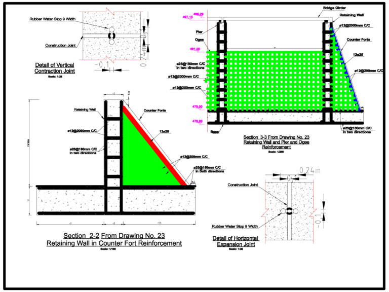 CAD drawing showing structural reinforcement sections for a counterfort retaining wall with rebar callouts and joint details.