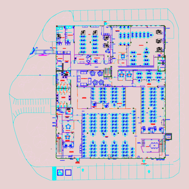 CAD ground floor plan for a large corporate office with telemarketing stations, meeting rooms, and technical MEP points.