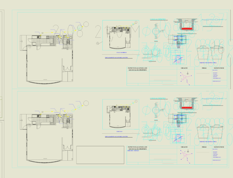 Sanitary layout and septic tank details for a multipurpose community center in AutoCAD.