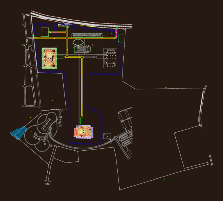 Master plan of a data center campus featuring multiple buildings, road networks, and structural foundation load points.