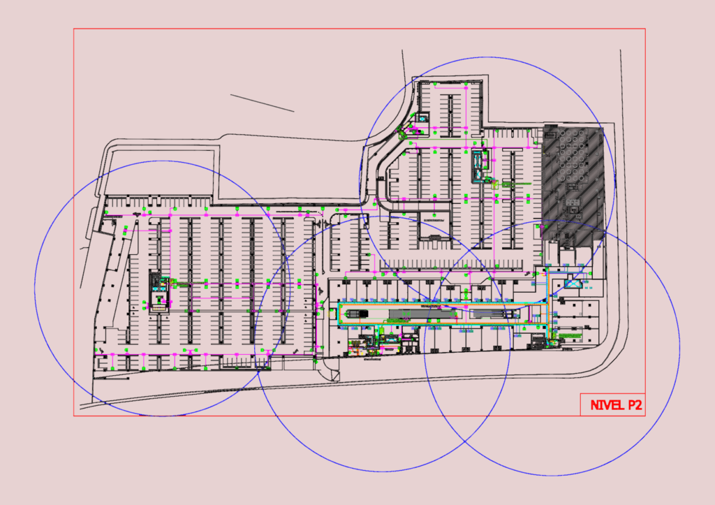 Floor plan of Santiago Center level P2 showing parking layout, security camera coverage zones, and utility rooms.