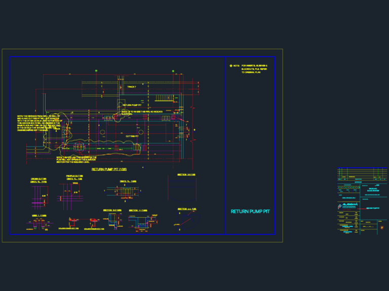 CAD detail of an industrial return pump pit with structural sections, pipe slopes, and anchor bolt specifications.