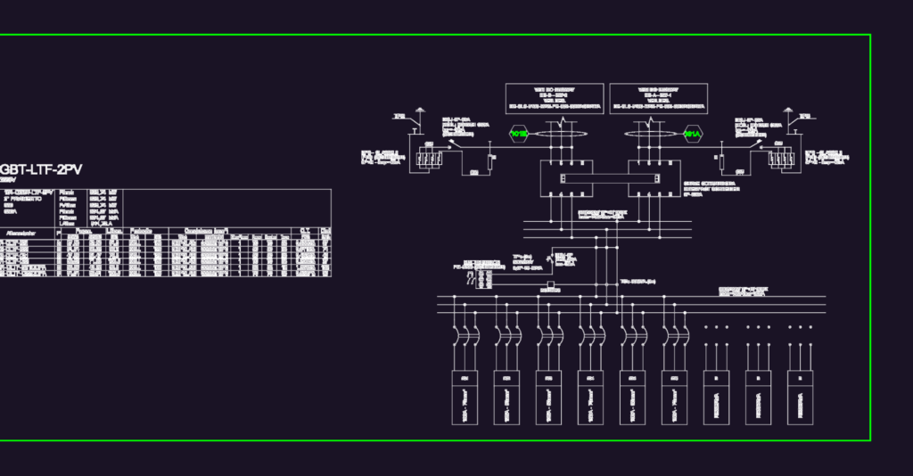 Single-line electrical diagram for a 630A distribution board with Schneider components and technical data table.