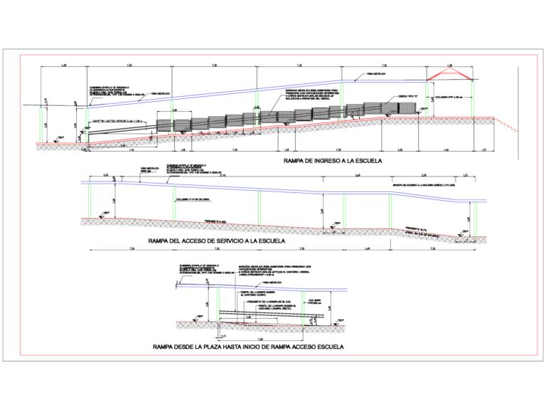 Technical elevation drawings of building approach ramps with structural specifications and slope dimensions.