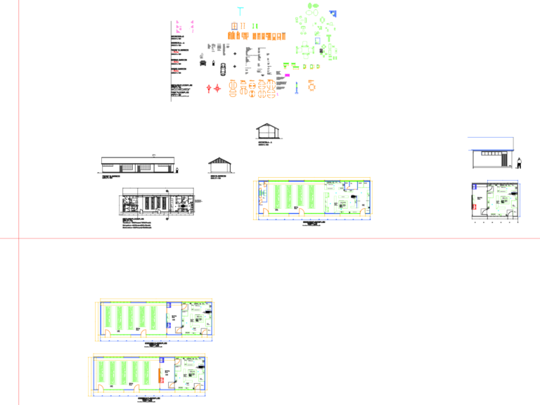 Architectural floor plan, elevations, and sections of a school canteen with commercial kitchen and dining area.