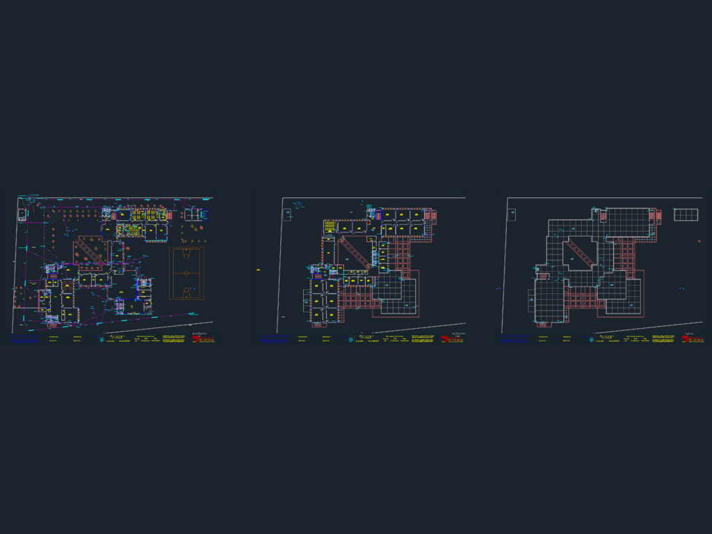 Three CAD floor plans showing the drainage layout for the ground floor, first floor, and roof of a school.