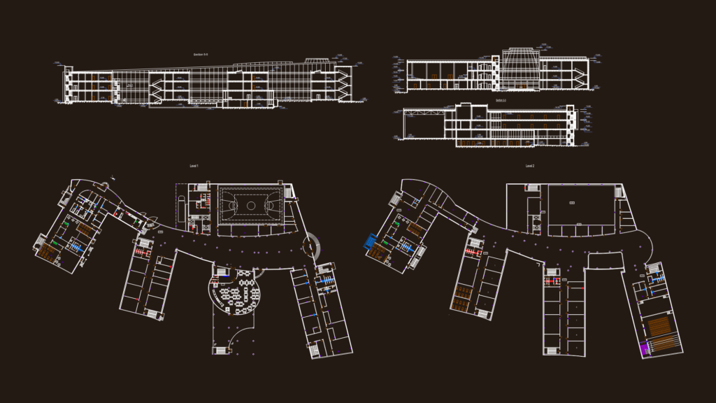 Architectural floor plans and sections for a multi-level kindergarten with gym and classroom layouts.