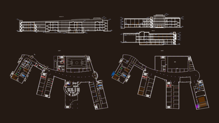 Architectural floor plans and sections for a multi-level kindergarten with gym and classroom layouts.