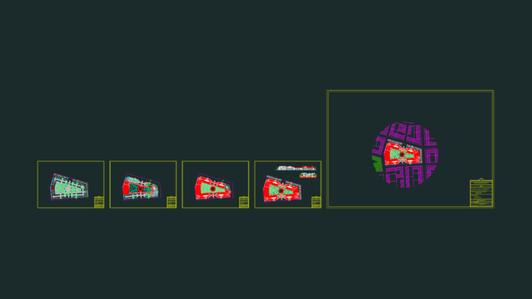 DWG drawing showing university floor plans, elevation views, and urban site layout for an architectural project.