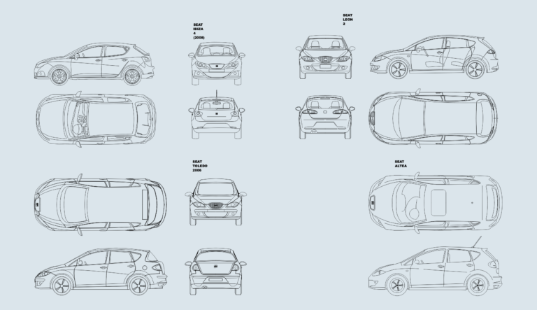 2D elevations of Seat Ibiza, Leon, Toledo, and Altea cars showing top, side, front, and rear views.