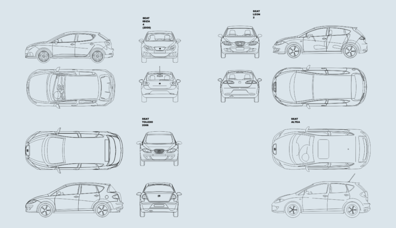Seat Ibiza 4, Leon 2, Toledo, Altea vehicle elevations