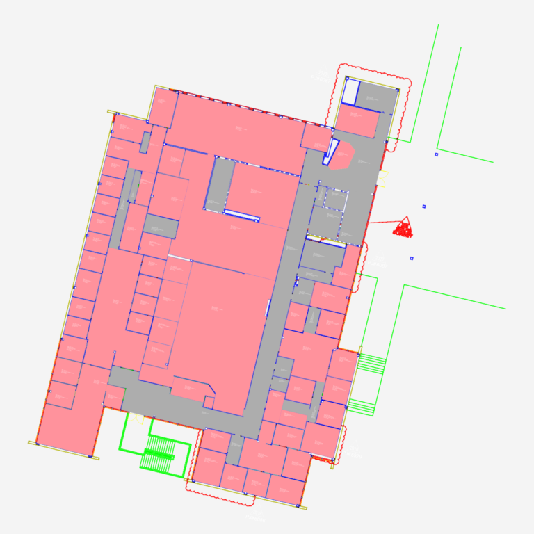 Color-coded second floor plan of an administration building showing office suites, lobby, and room square footage.