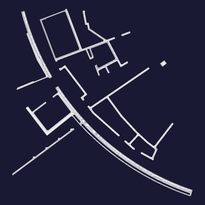 Curved building floor plan with internal partition wall details